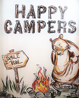 The image features a cartoon depiction of a bear at a campsite with a sign that reads  Happy Campers  and a sign for  Smile Trail.